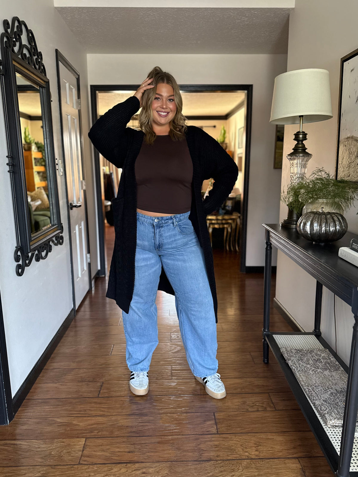 Long open front knit cardigan