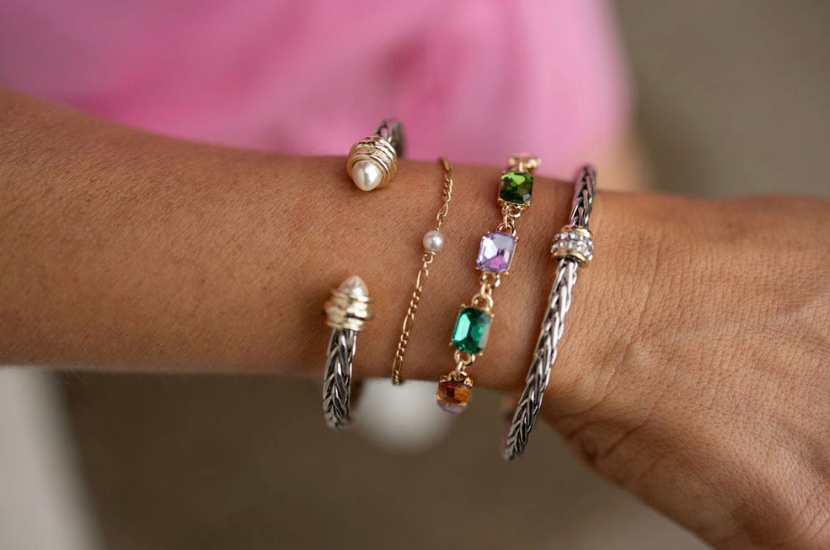 Mixed Metal Cable Cuff with Pearls