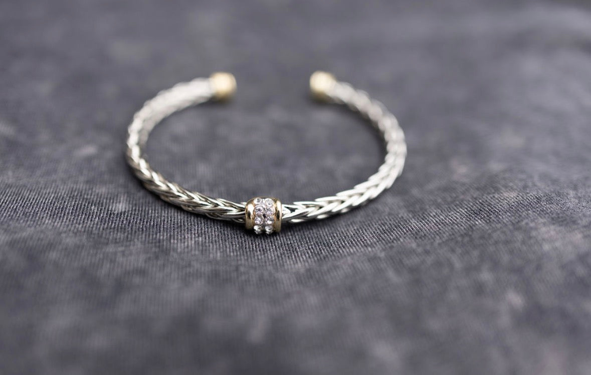 Mixed Metal Braided Cable Cuff with Rhinestones