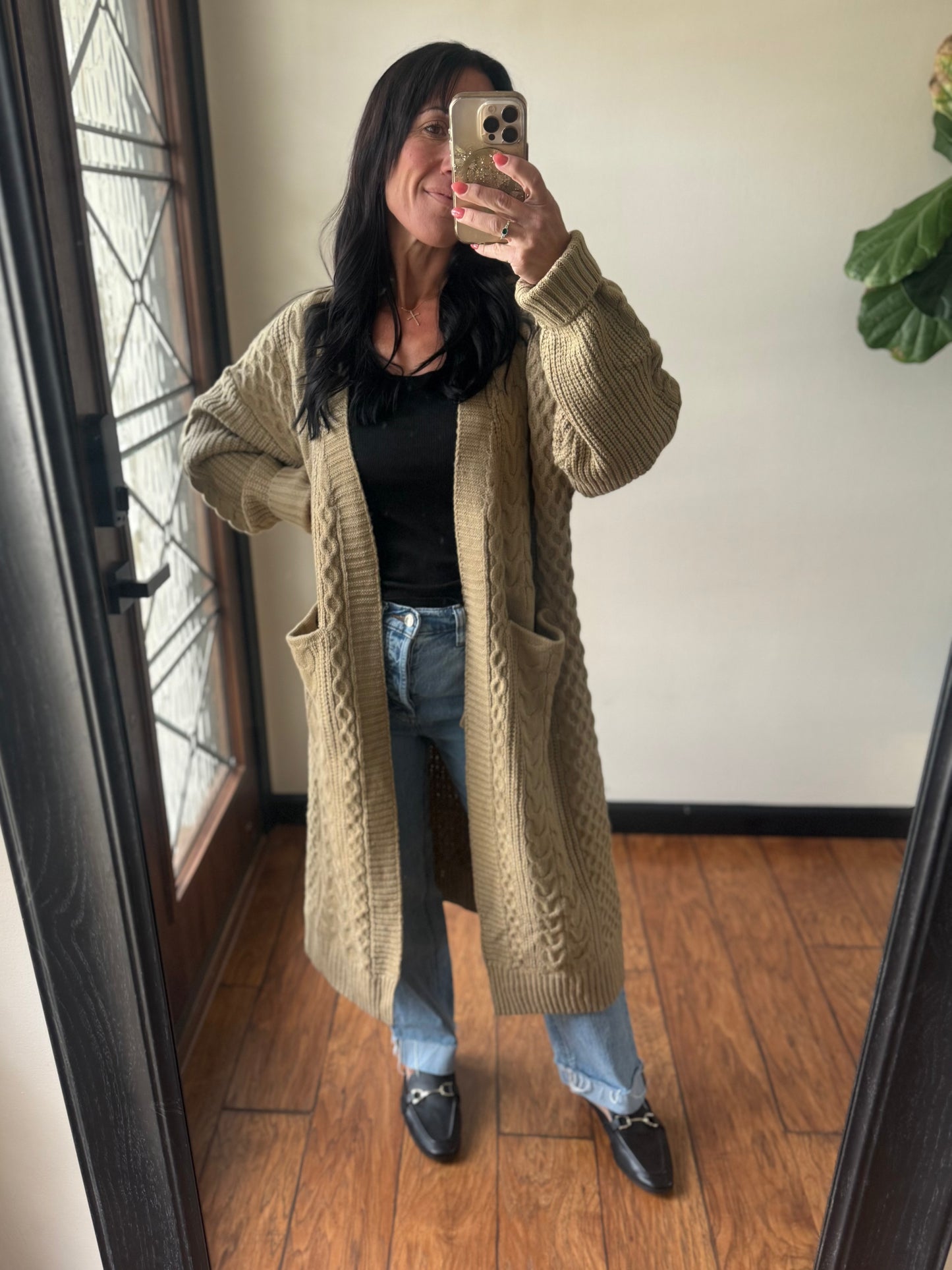 Long open front knit cardigan