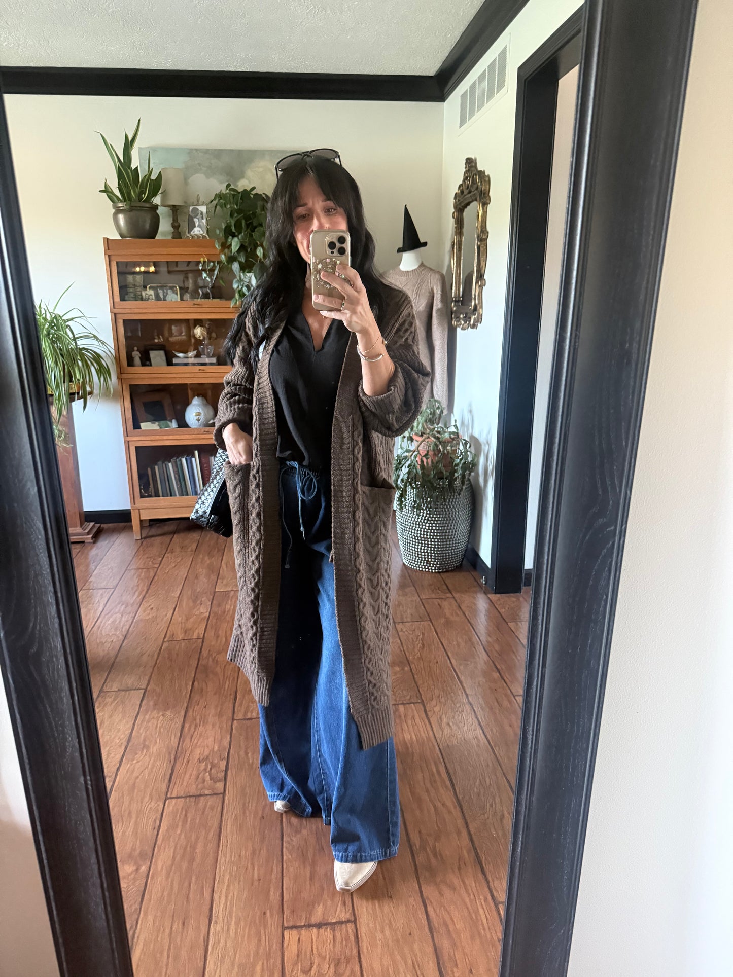 Long open front knit cardigan