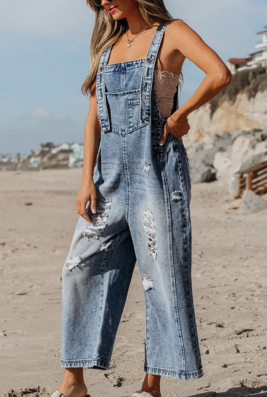 Distressed Denim Overalls